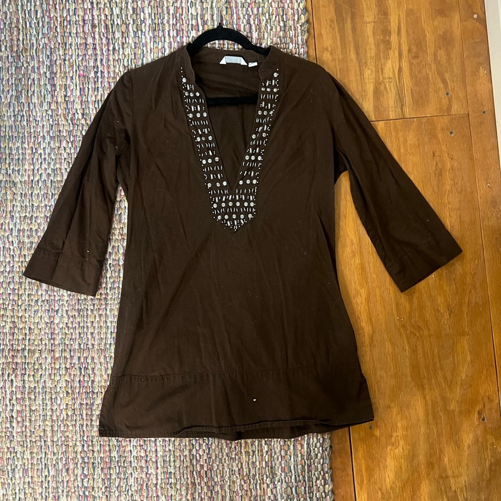 New York & Company Brown Tunic with Embellished Neckline